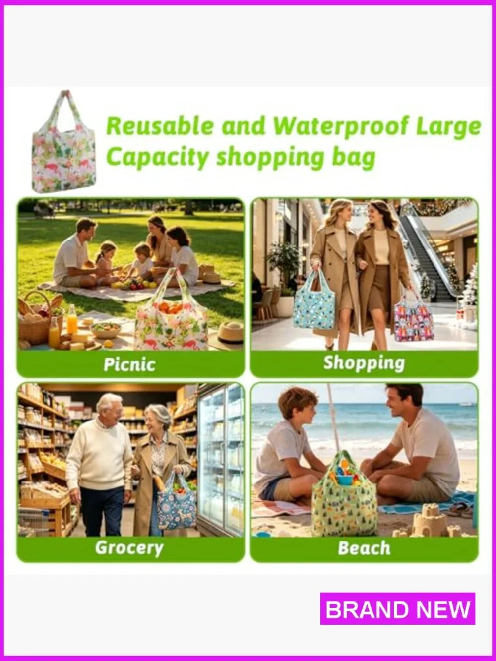 Foldable Reusable Grocery Totes 6 Pack Nylon Shopping Bags Machine Washable